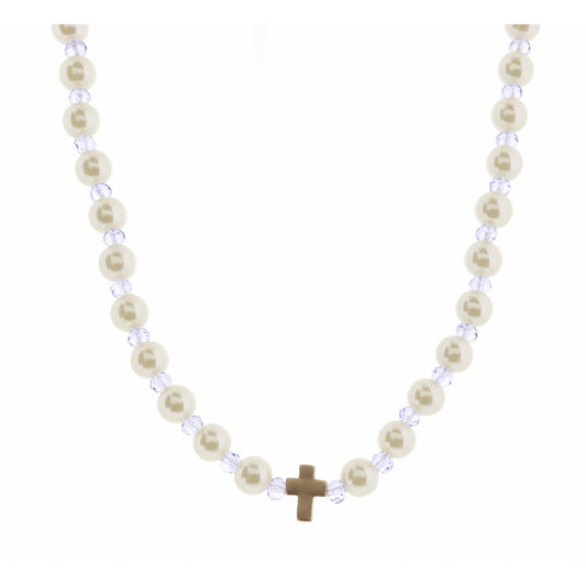 Kids 14" Pearl & Lavender Faceted with Cross Necklace, 3" Ext