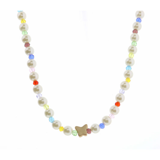 Kids 14" Pearl & Multi Faceted with Butterfly Necklace, 3" Ext