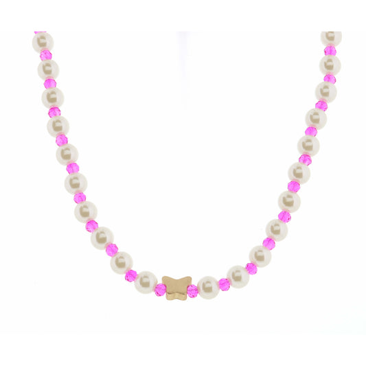 Kids 14" Pearl & Hot Pink Faceted with Butterfly Necklace, 3" Ext