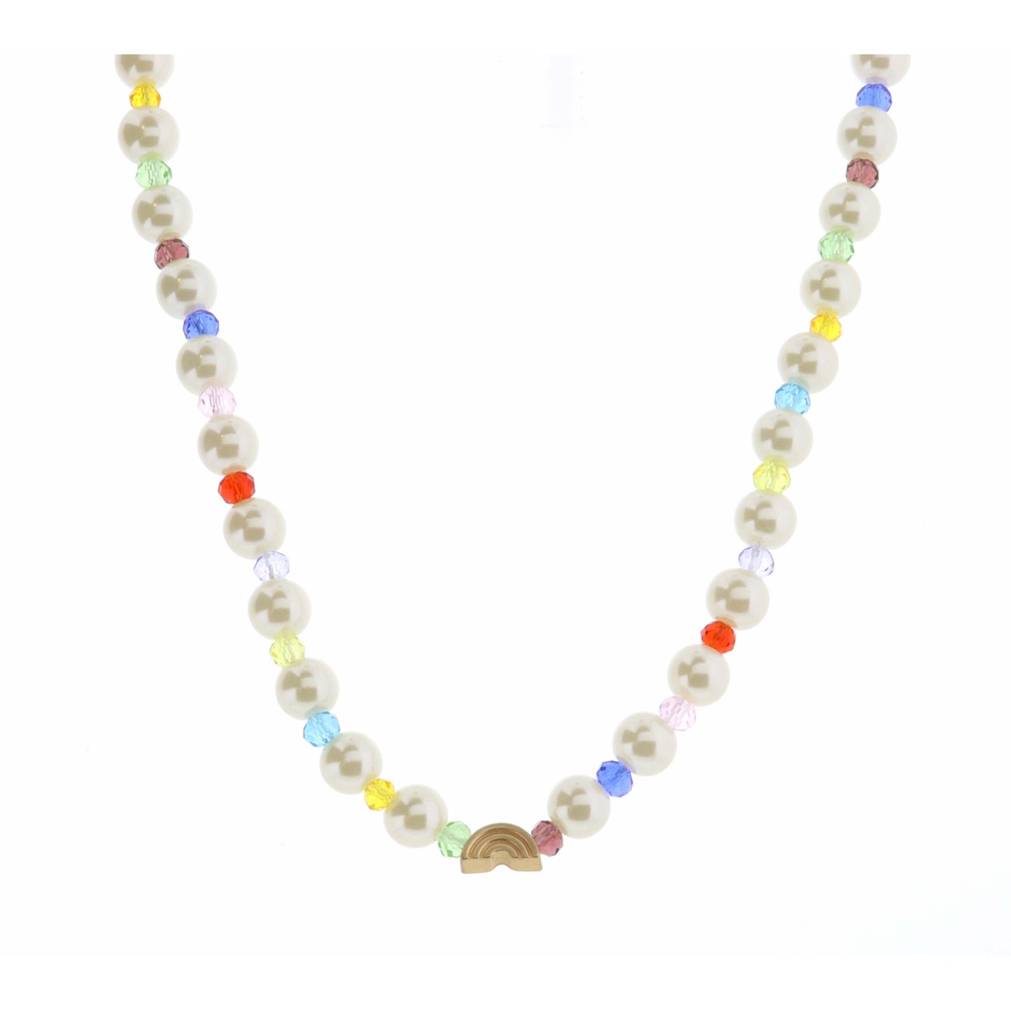 Kids 14" Pearl & Multi Faceted with Rainbow Necklace, 3" Ext
