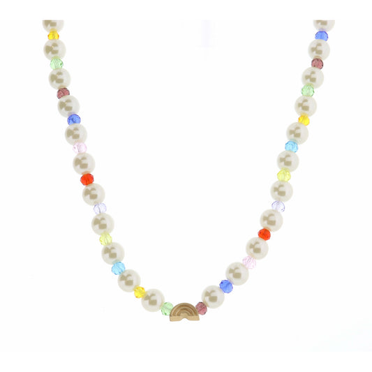 Kids 14" Pearl & Multi Faceted with Rainbow Necklace, 3" Ext