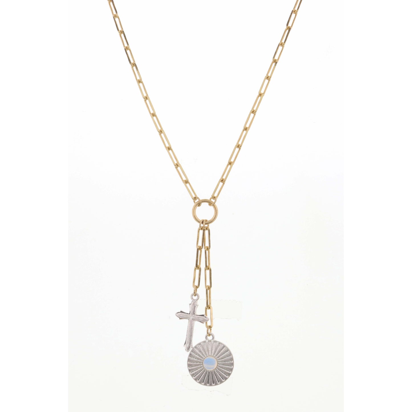 20" Gold Chain with Silver Disc & Cross Necklace, 3" Ext