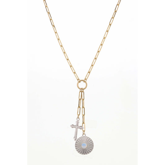 20" Gold Chain with Silver Disc & Cross Necklace, 3" Ext