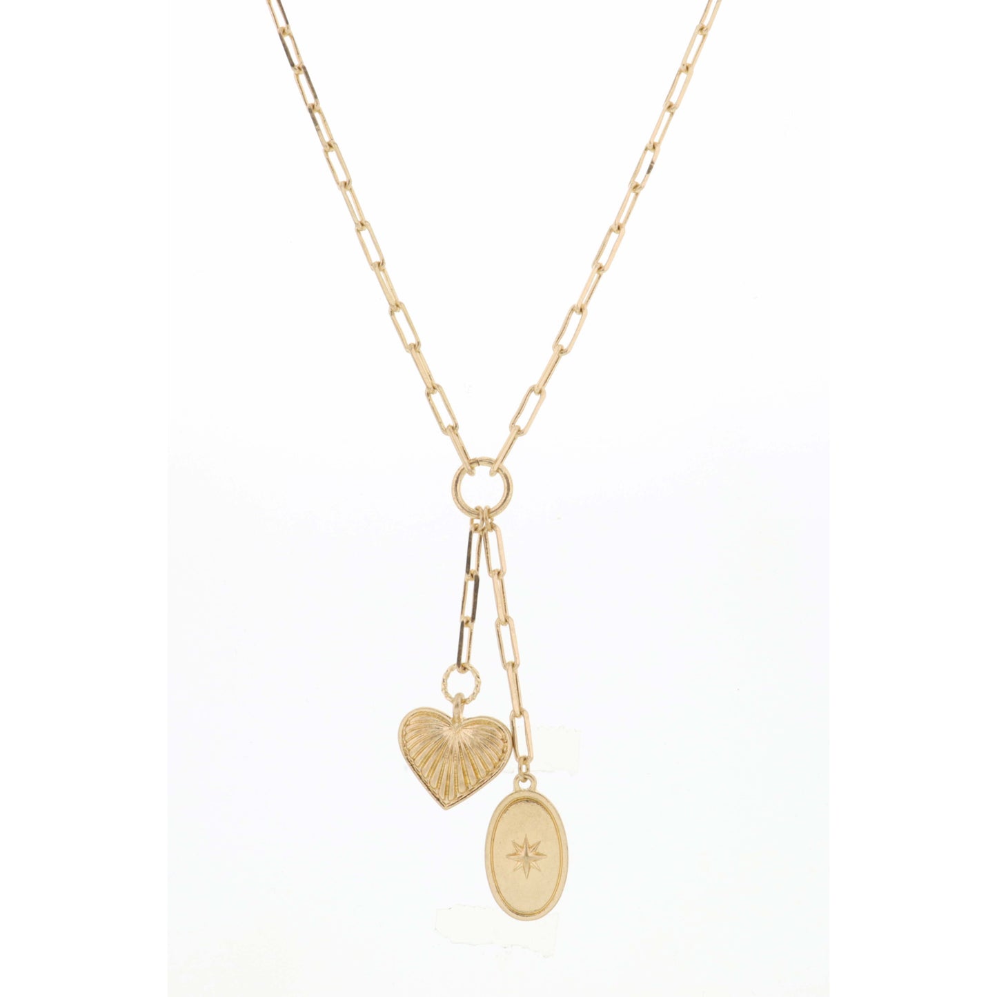 20" Gold Chain with Textured Heart & Oval Star Disc Necklace, 3" Ext