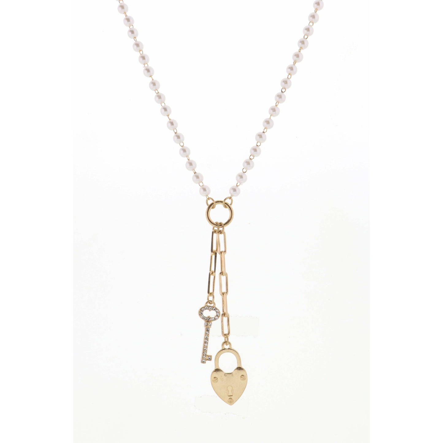 20" Pearl Chain with Heart Padlock & Key Necklace, 3" Ext