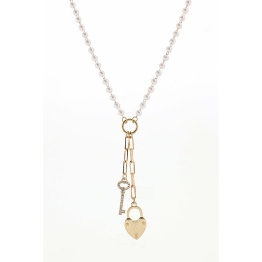 20" Pearl Chain with Heart Padlock & Key Necklace, 3" Ext