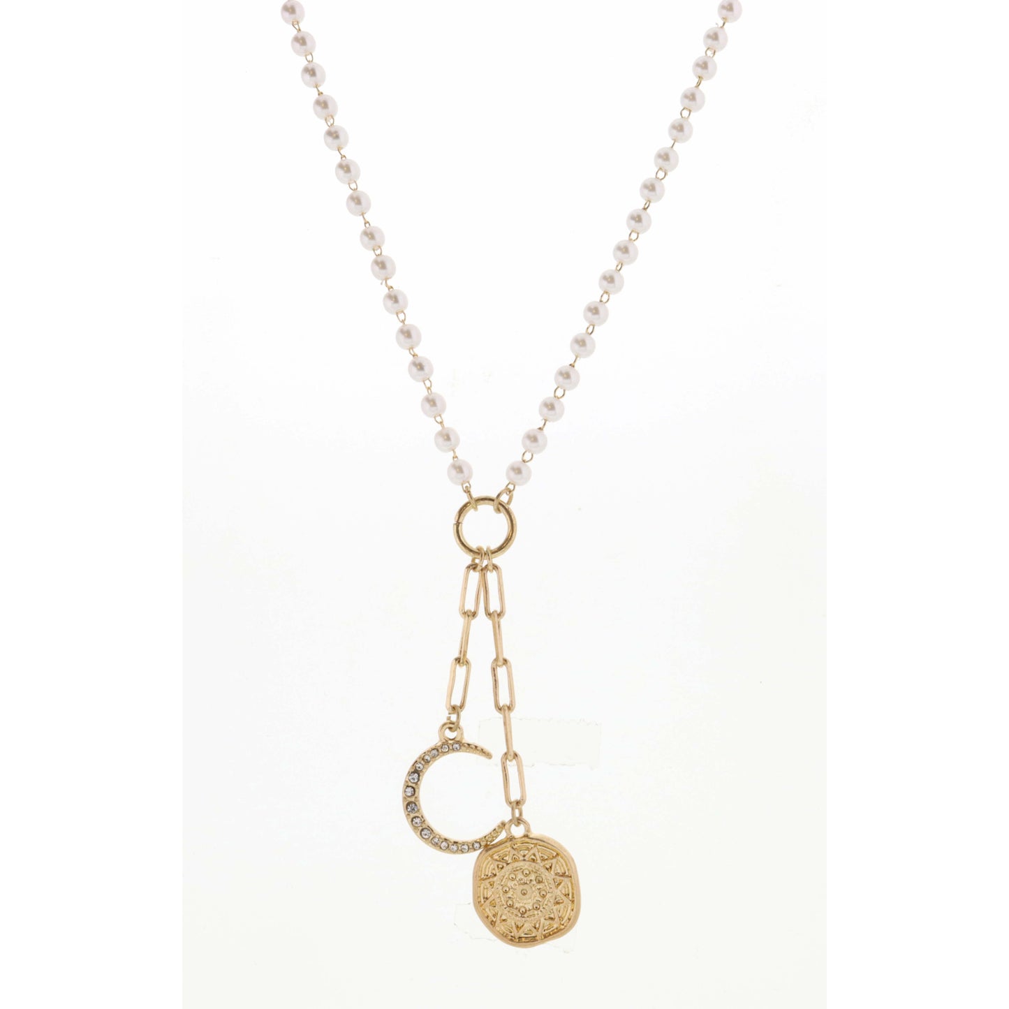 20" Pearl Chain with Moon & Textured Disc Necklace, 3" Ext