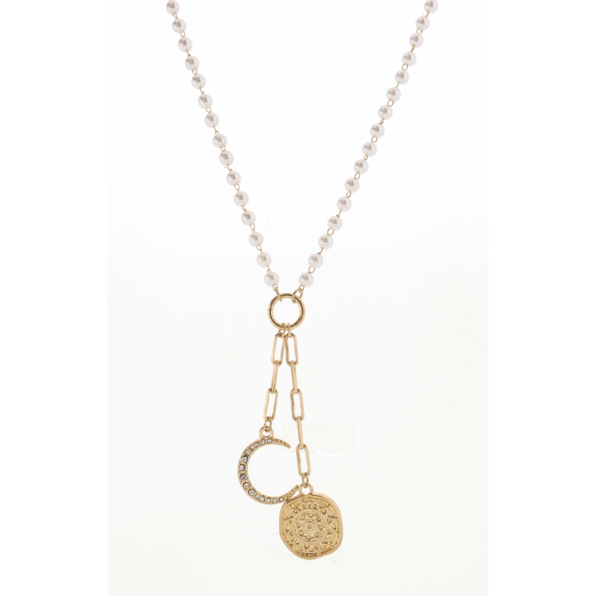 20" Pearl Chain with Moon & Textured Disc Necklace, 3" Ext