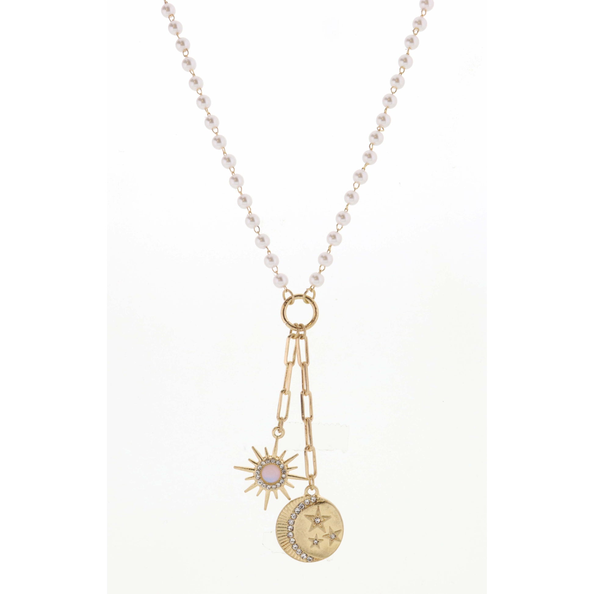 20" Pearl Chain with Starburst & Moon with Star Disc Necklace, 3" Ext