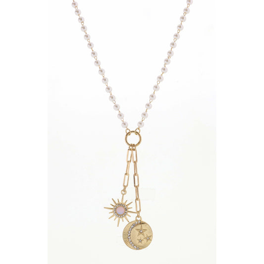 20" Pearl Chain with Starburst & Moon with Star Disc Necklace, 3" Ext