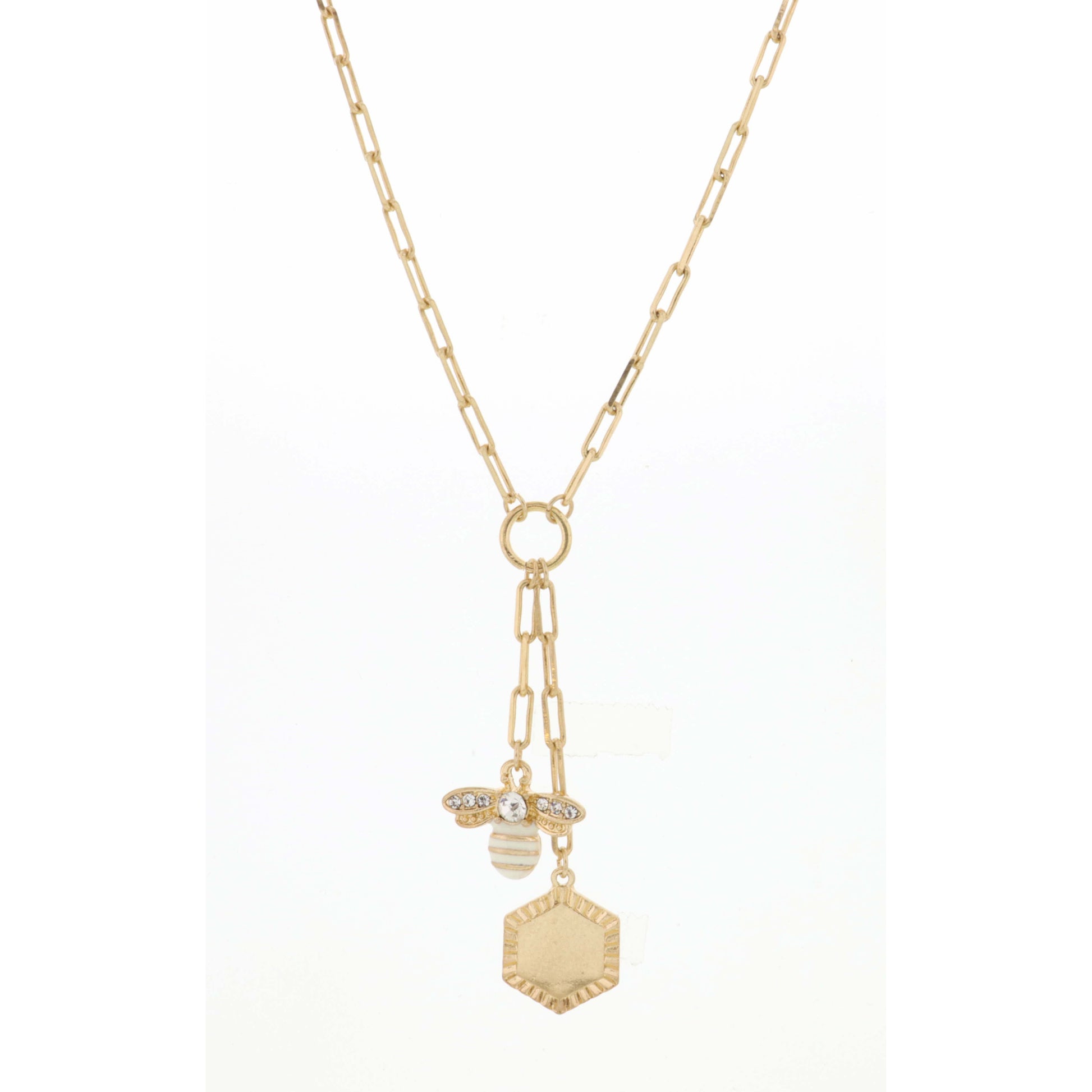 20" Gold Chain with Bee & Gold Hexagon Necklace, 3" Ext