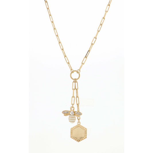 20" Gold Chain with Bee & Gold Hexagon Necklace, 3" Ext