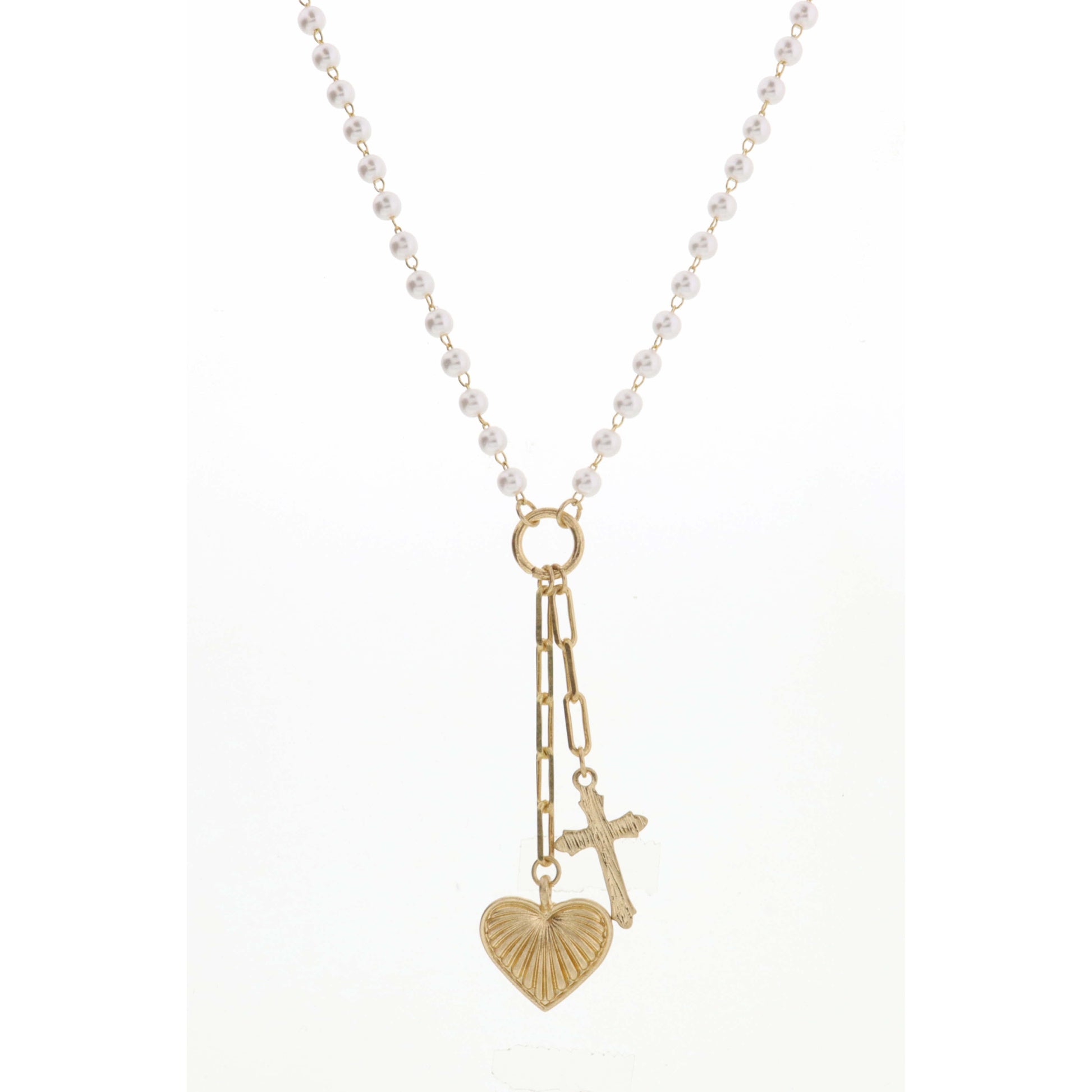 20" Pearl Chain with Cross & Heart Necklace, 3" Ext