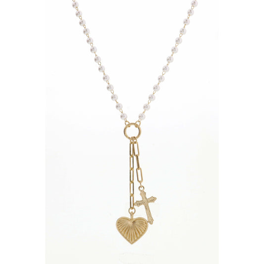 20" Pearl Chain with Cross & Heart Necklace, 3" Ext