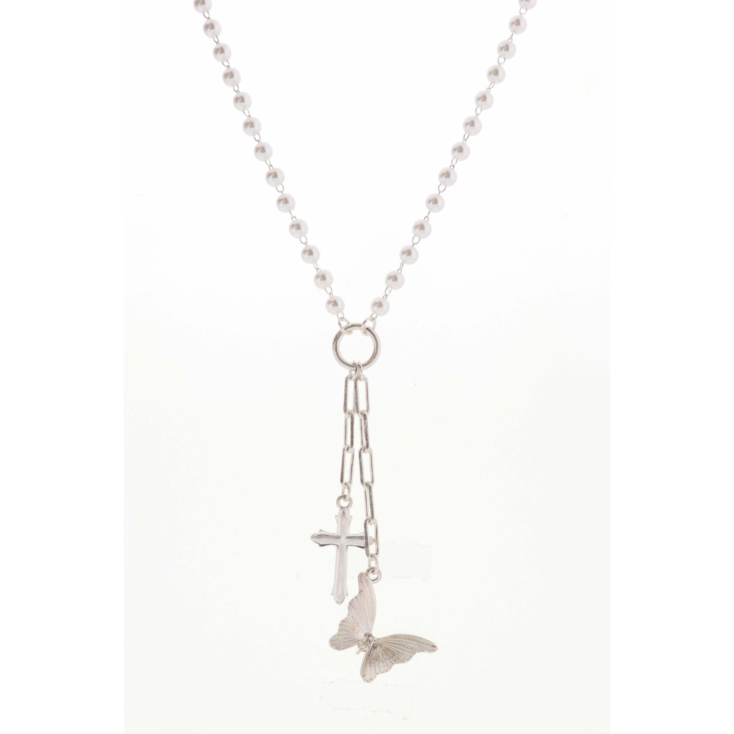 20" Pearl Chain with Silver Cross & Butterfly Necklace, 3" Ext