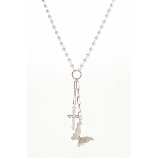 20" Pearl Chain with Silver Cross & Butterfly Necklace, 3" Ext