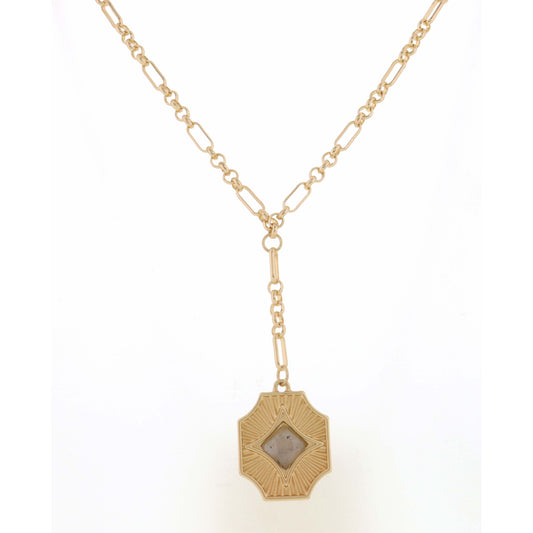 18"-32" Indented Corner Rectangle with Dimaond Labradorite Stone Necklace