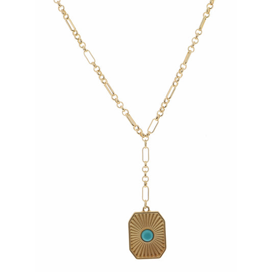 18"-32" Cut Corner Rectangle with Turquoise Circle Stone Necklace