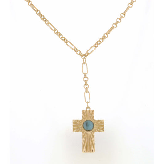 18"-32" Textured Cross with Turquoise Circle Stone Necklace
