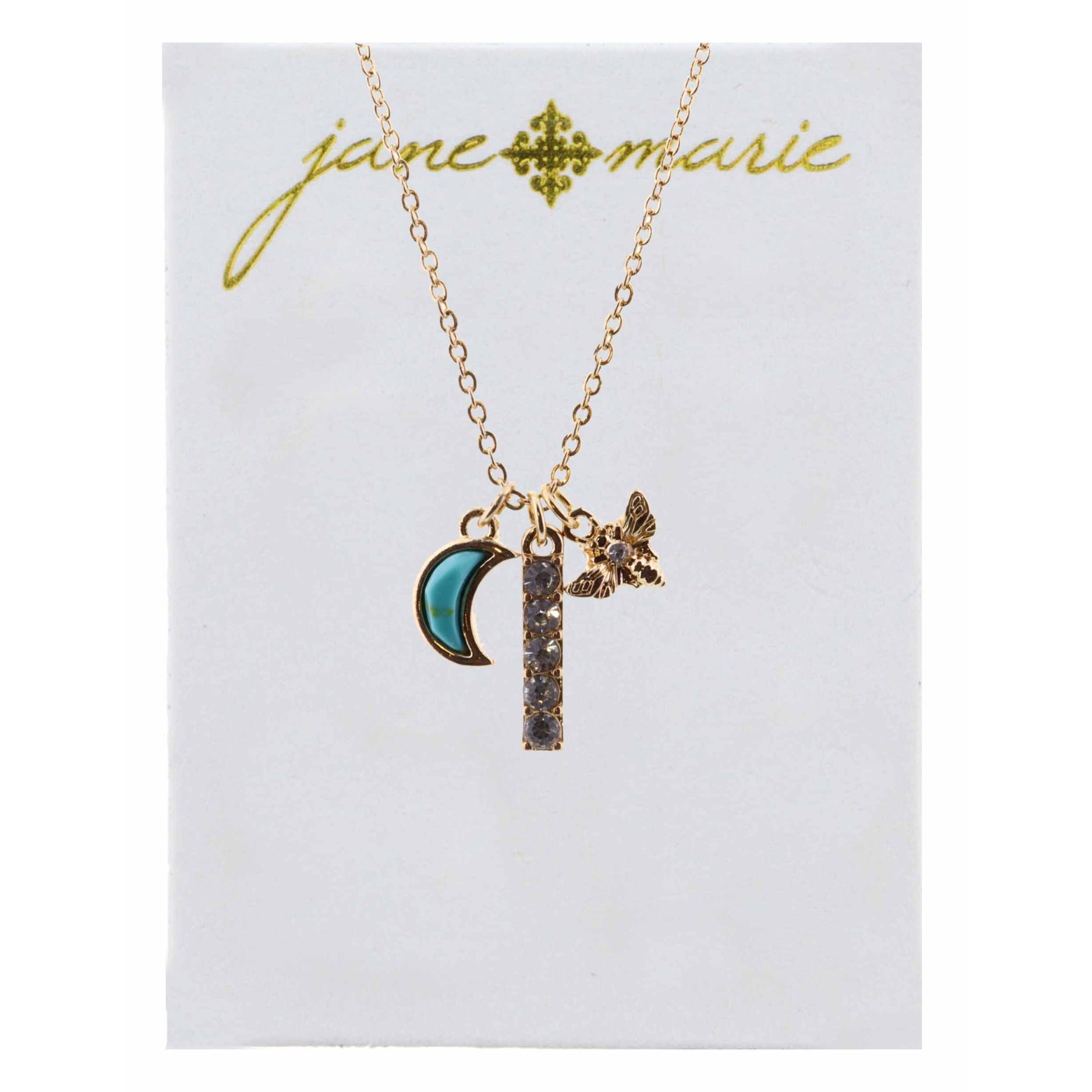 16" Turquoise Moon, Rhinestone Bar, and Bee Necklace, 3" Ext
