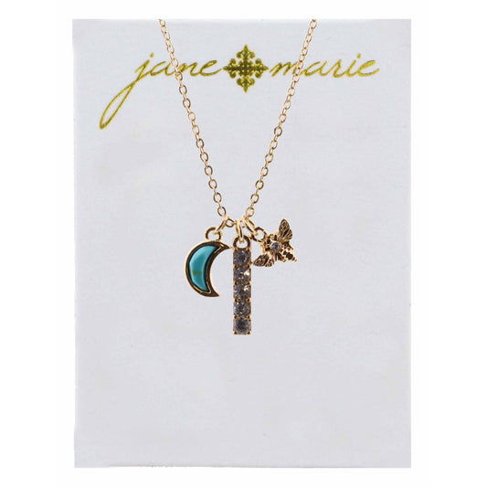 16" Turquoise Moon, Rhinestone Bar, and Bee Necklace, 3" Ext