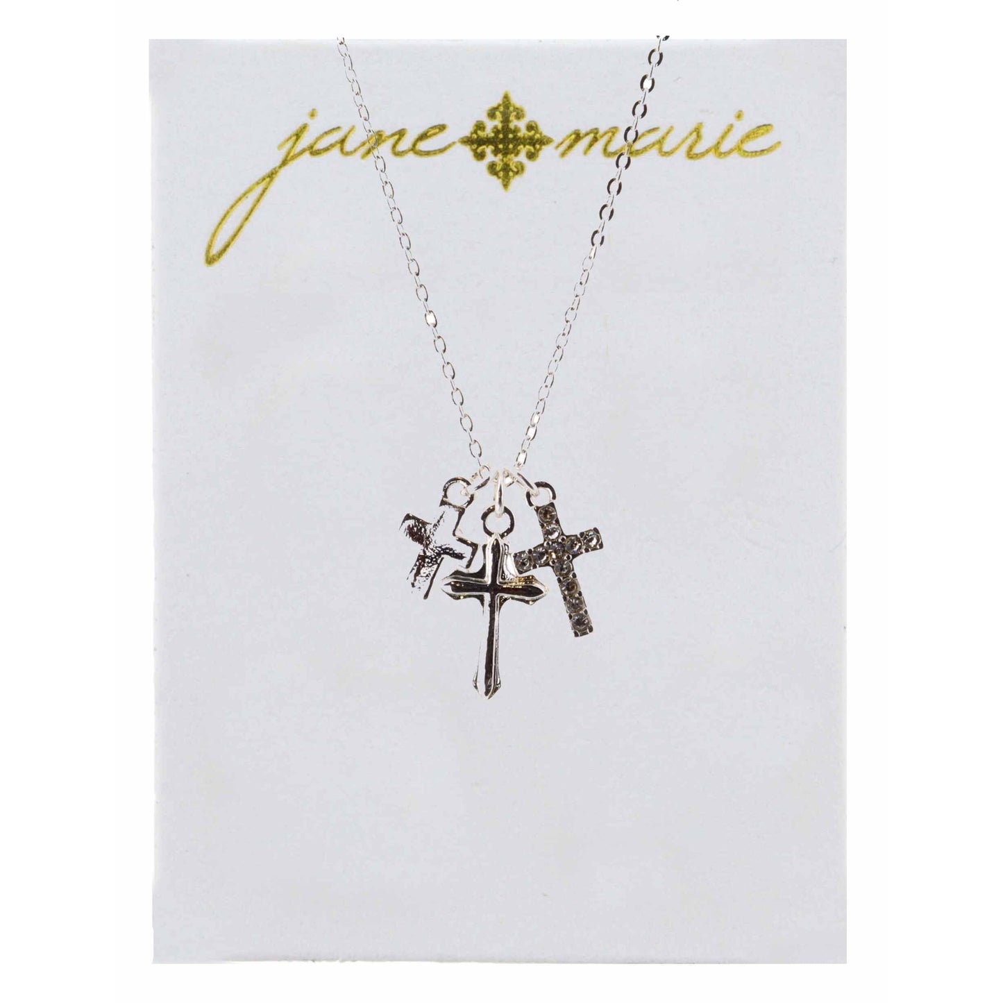 16" Silver Cross, Rhinestone Cross and Stamped Cross Necklace, 3" Ext