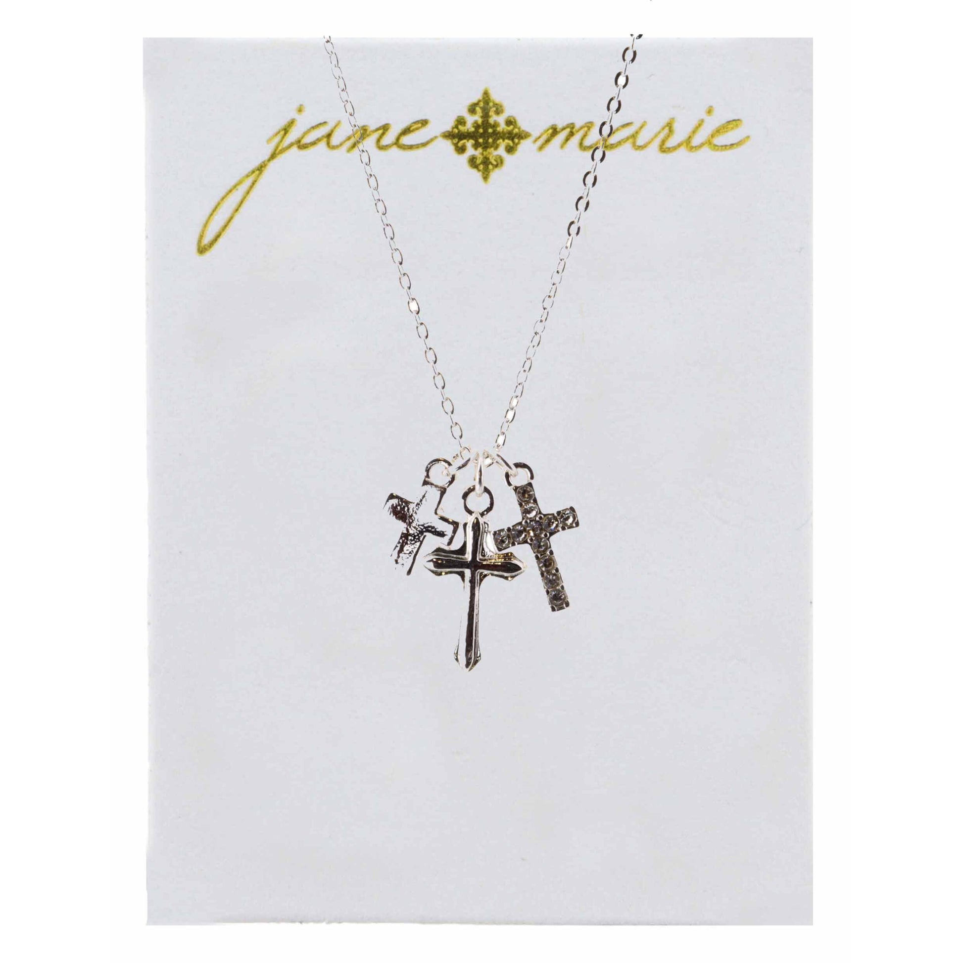 16" Silver Cross, Rhinestone Cross and Stamped Cross Necklace, 3" Ext