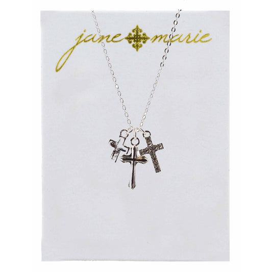 16" Silver Cross, Rhinestone Cross and Stamped Cross Necklace, 3" Ext