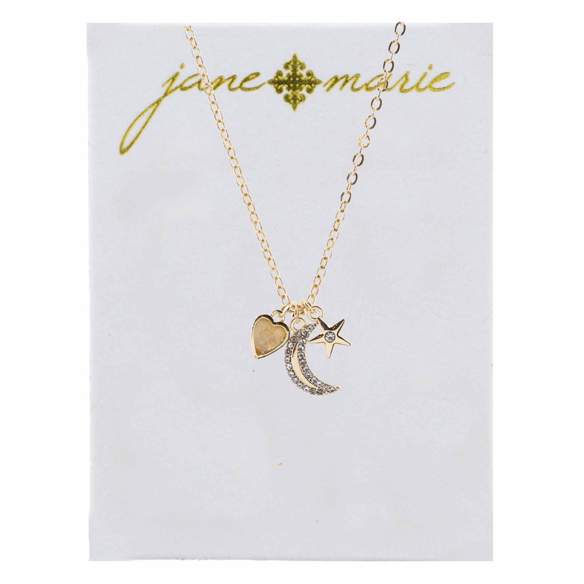 16" Natural Heart, Rhinestone Moon, and Star Necklace, 3" Ext