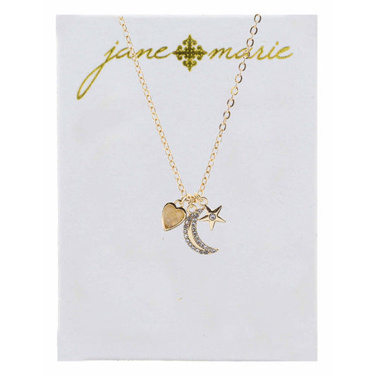 16" Natural Heart, Rhinestone Moon, and Star Necklace, 3" Ext