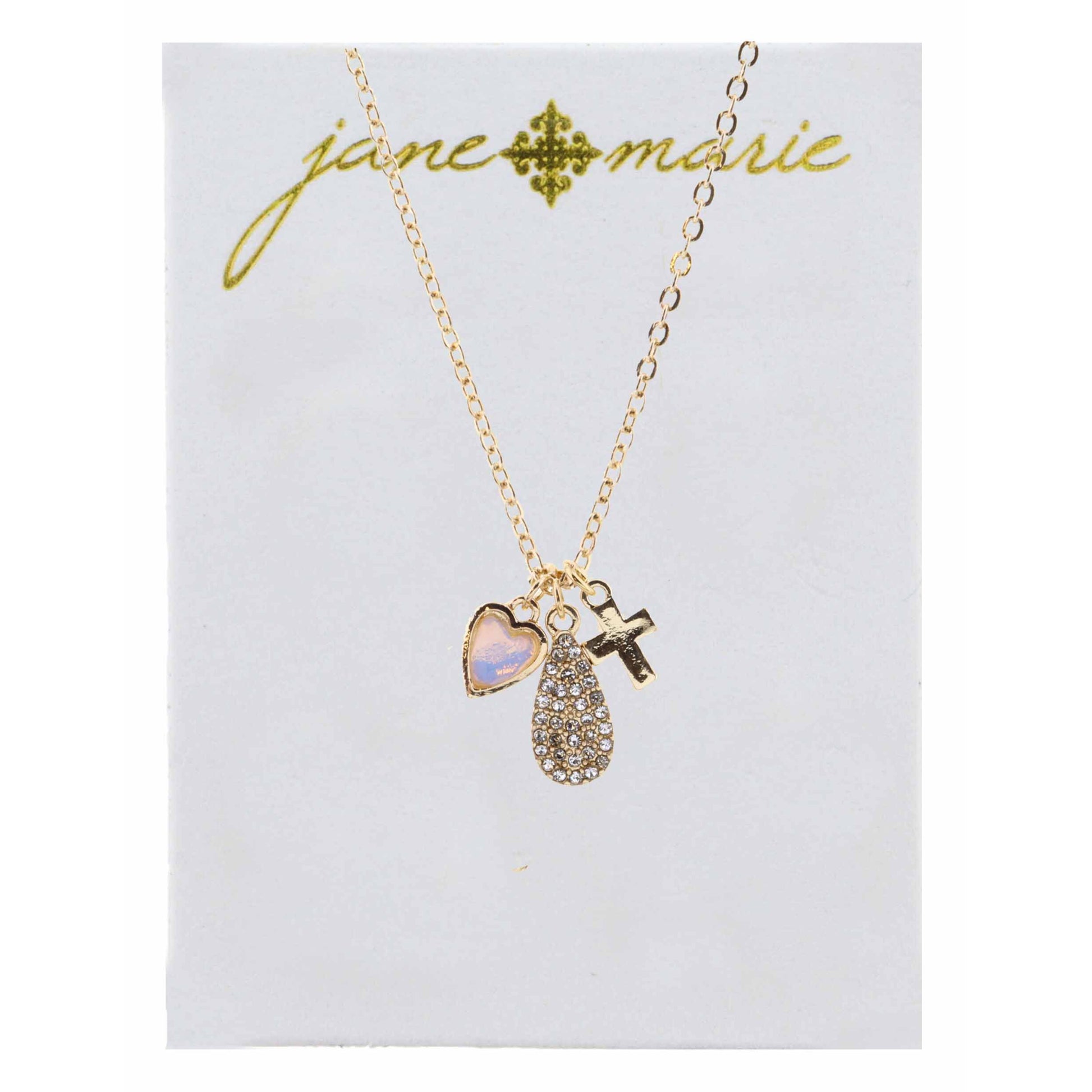 16" Opal Heart, Rhinestone Teardrop, and Cross Necklace, 3" Ext
