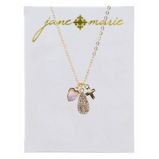 16" Opal Heart, Rhinestone Teardrop, and Cross Necklace, 3" Ext