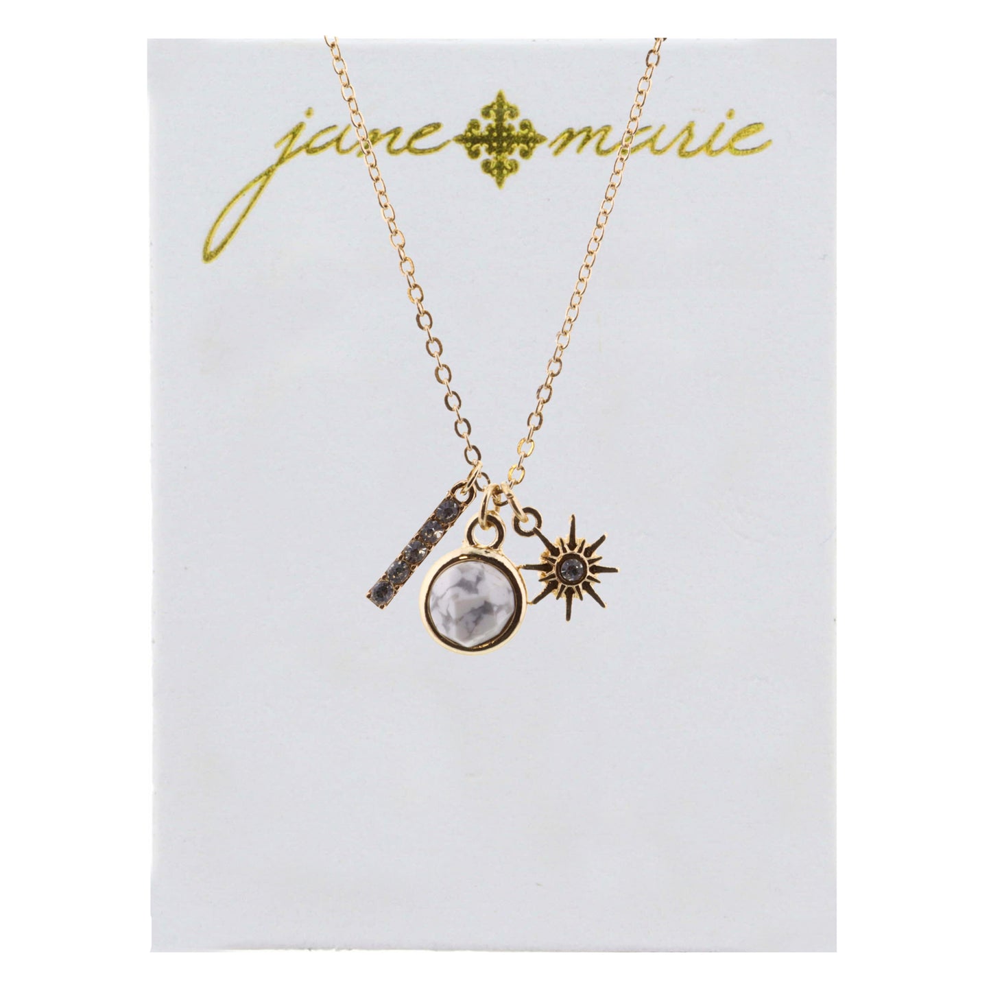 16" Howlite Circle, Rhinestone Bar, and Star Necklace, 3" Ext