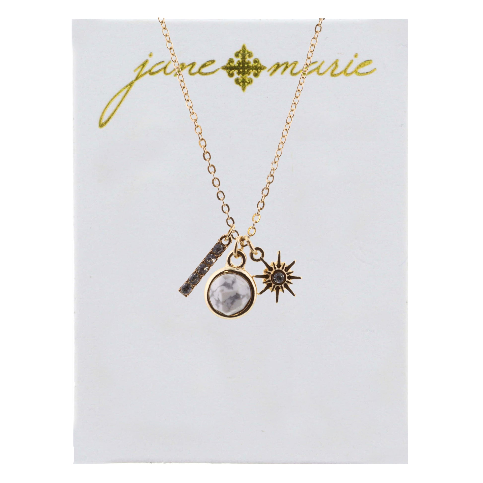 16" Howlite Circle, Rhinestone Bar, and Star Necklace, 3" Ext