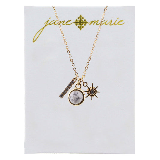 16" Howlite Circle, Rhinestone Bar, and Star Necklace, 3" Ext
