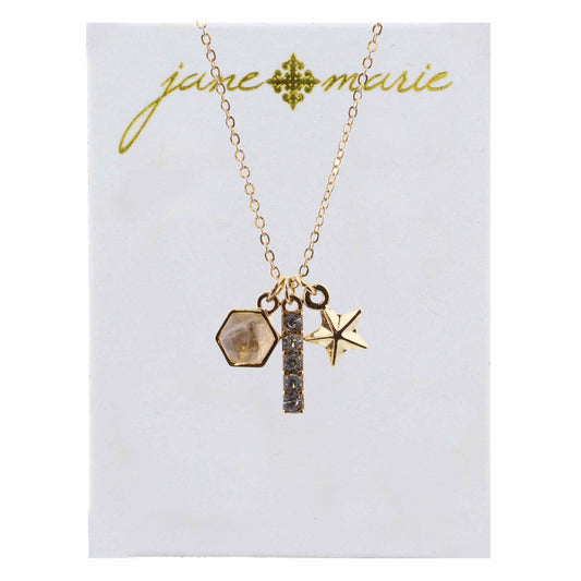 16" Clear Hexagon, Rhinestone Bar, and Star Necklace, 3" Ext