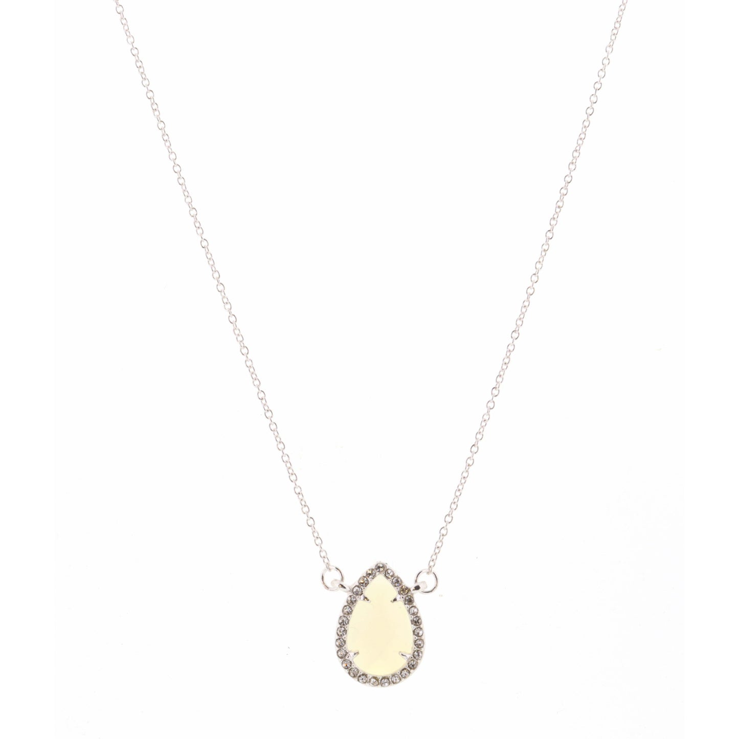 14" Opal Teardrop Encased in Silver & Clear Stones Necklace, 3" Ext