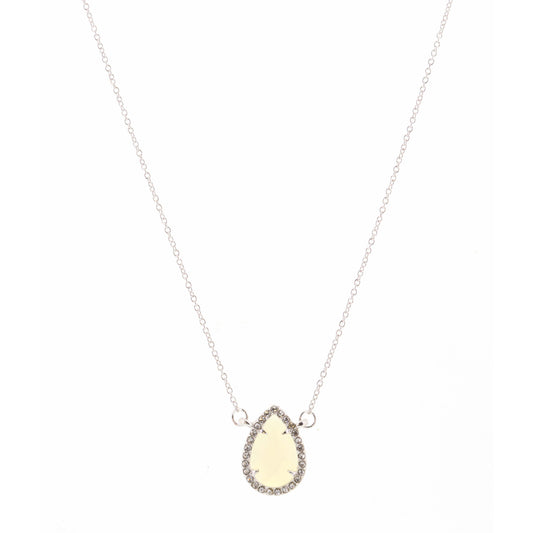 14" Opal Teardrop Encased in Silver & Clear Stones Necklace, 3" Ext