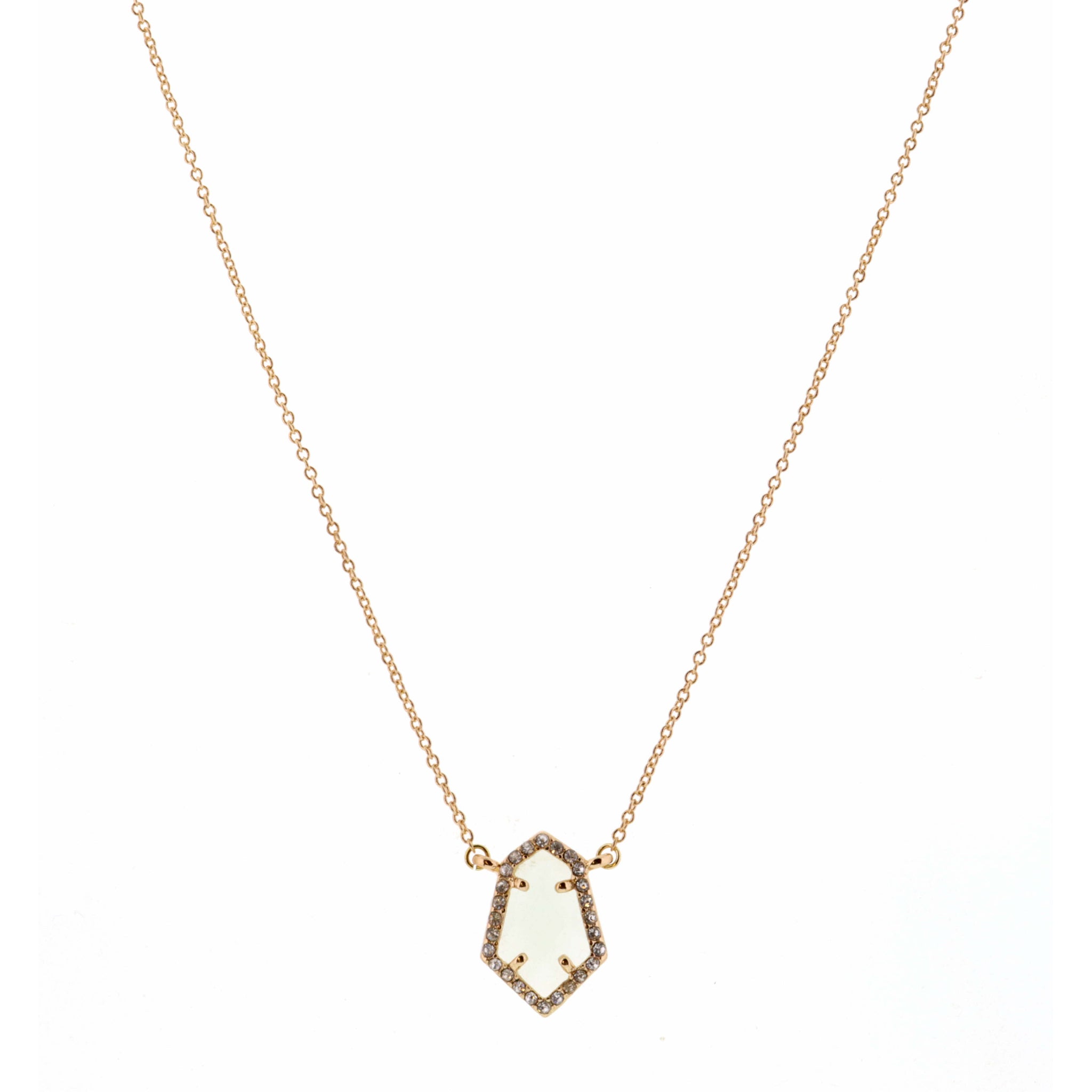 14" Chalcedony Shield Encased in Gold & Clear Stones Necklace, 3" Ext