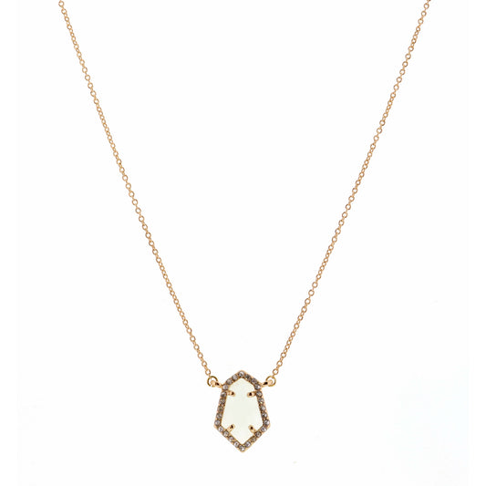 14" Chalcedony Shield Encased in Gold & Clear Stones Necklace, 3" Ext