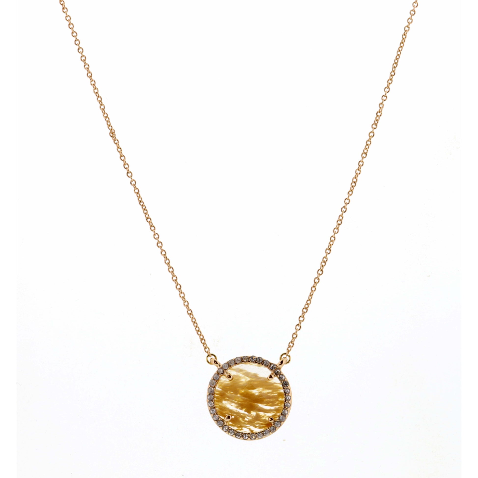14" Natural Circle Encased in Gold & Clear Stones Necklace, 3" Ext