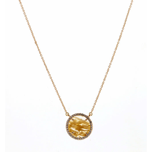 14" Natural Circle Encased in Gold & Clear Stones Necklace, 3" Ext