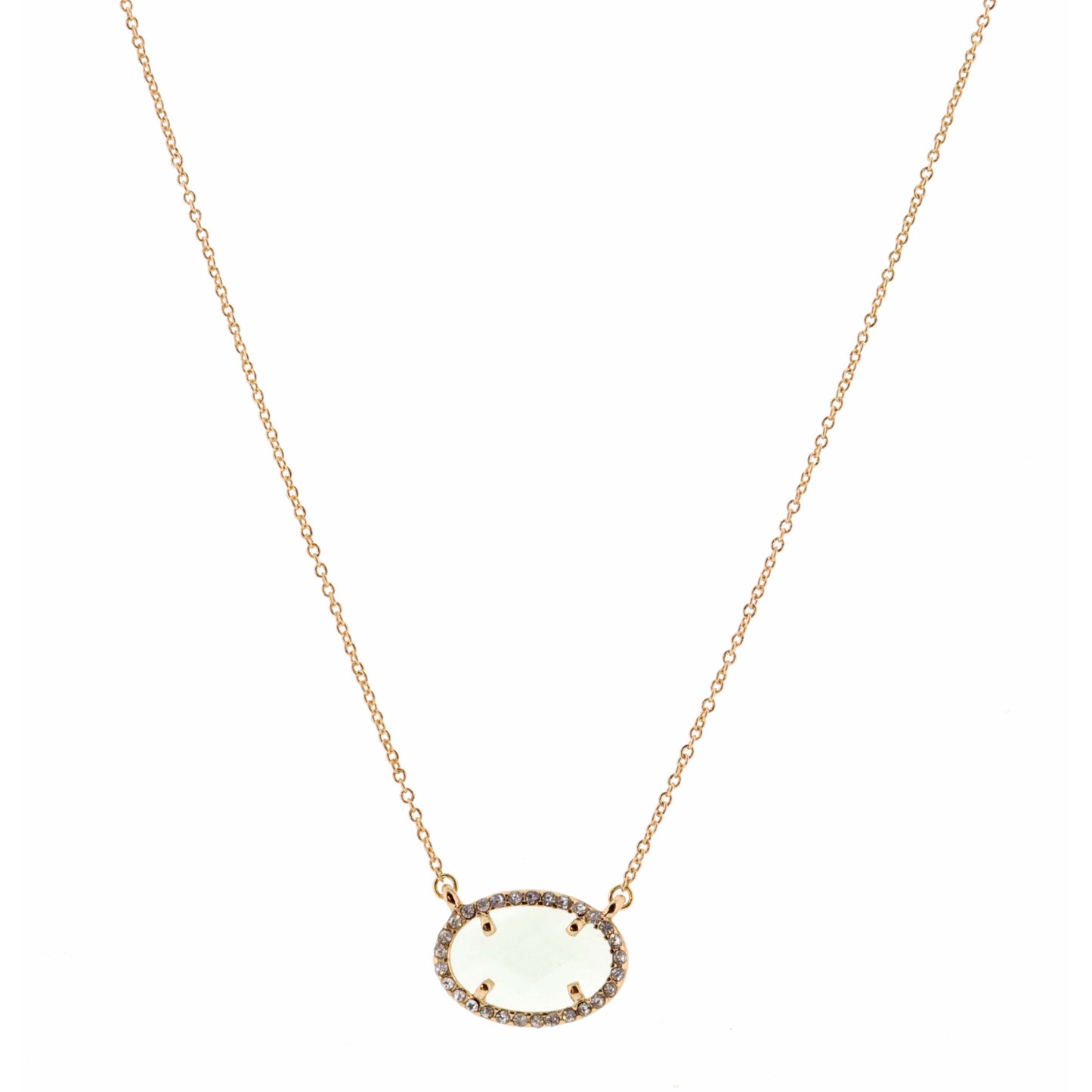 14" Chalcedony Oval Encased in Gold & Clear Stones Necklace, 3" Ext