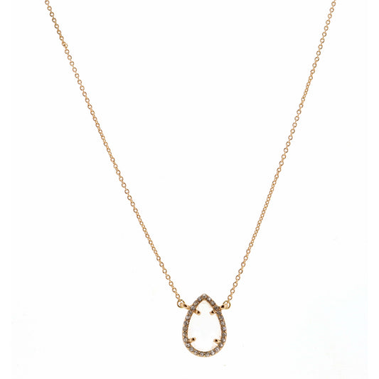14" Clear Teardrop Encased in Gold & Clear Stones Necklace, 3" Ext