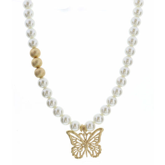 16" Butterfly on Pearl and Brushed Gold Beaded Necklace , 3" Ext