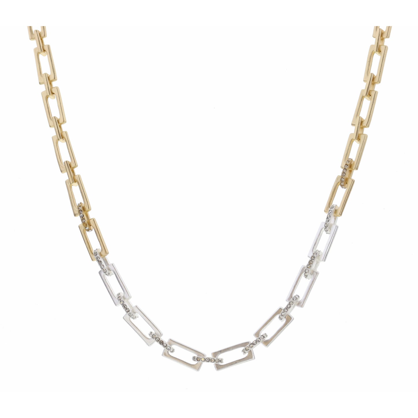 16" Two Tone Rectangle Cable Chain with Clear Crystals Necklace , 3" Ext