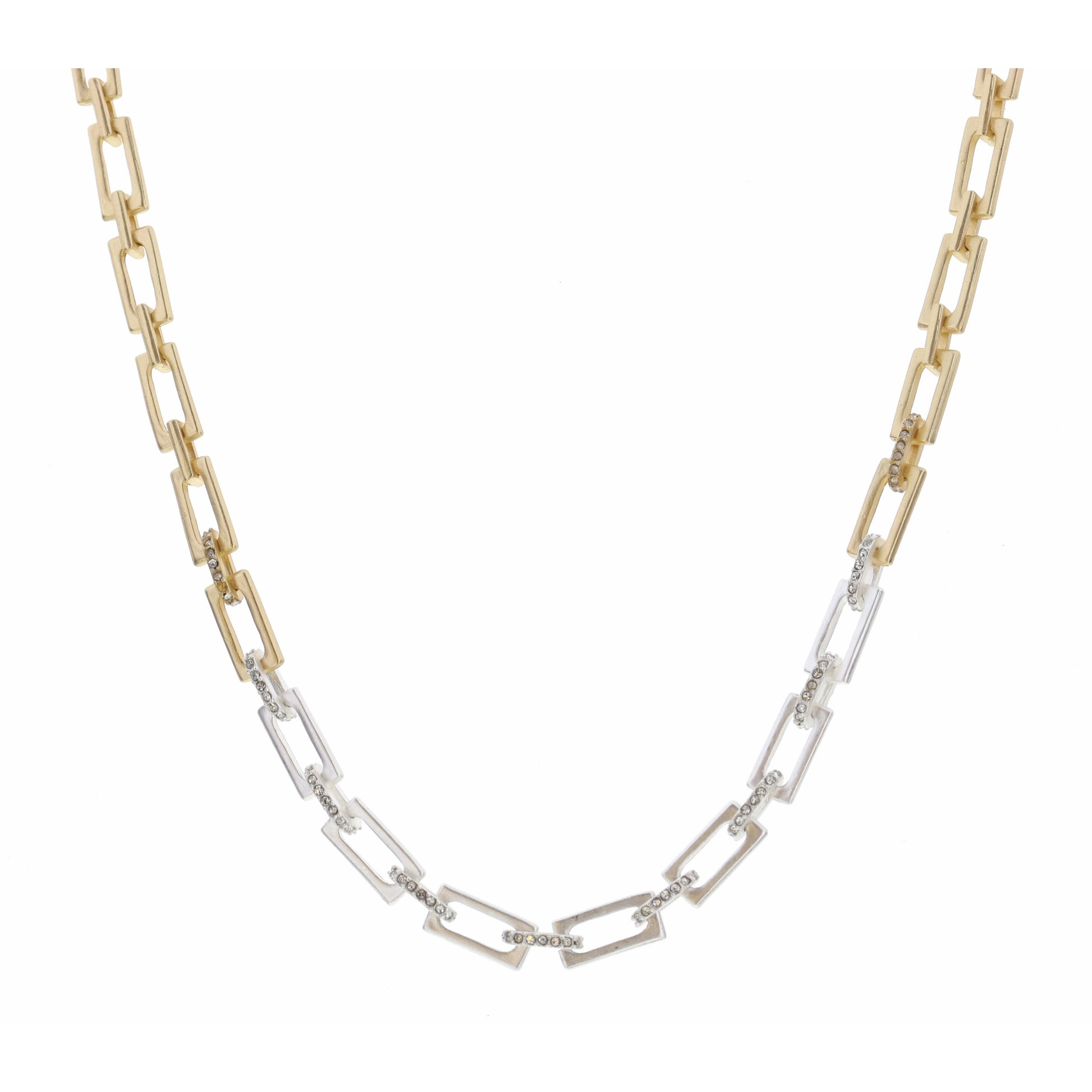 16" Two Tone Rectangle Cable Chain with Clear Crystals Necklace , 3" Ext