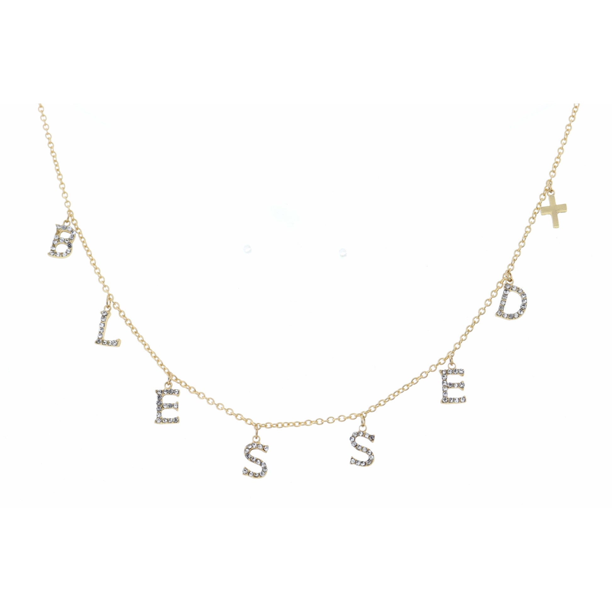 16" Clear Crystal Blessed with Gold Cross Necklace, 3" Ext