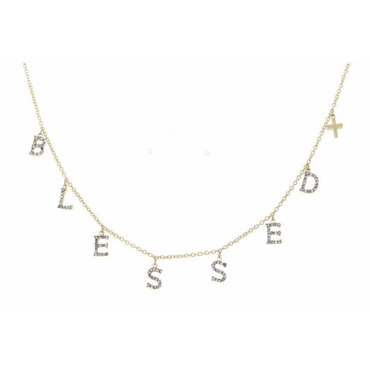 16" Clear Crystal Blessed with Gold Cross Necklace, 3" Ext