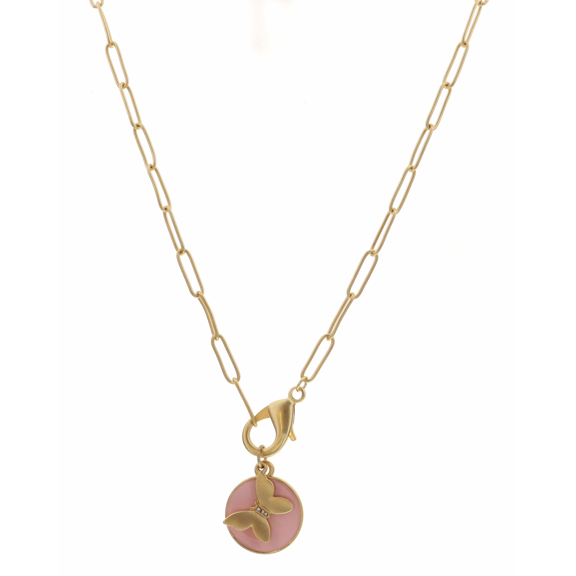 16" Pink Circle, Gold Butterfly with Lobster Claw Accent Necklace, 3" Ext